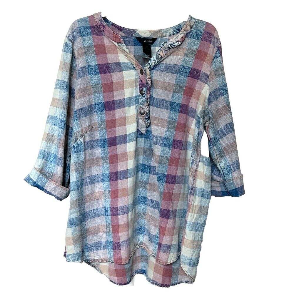 Ali Miles Top Women’s 1X Multicolor Plaid Check Plaid Tunic 3/4 Sleeve Pastels